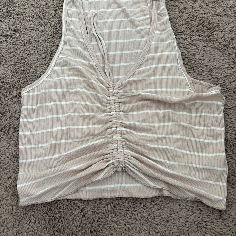 Source Unknown Beige and White Striped Ruched Tank Top
